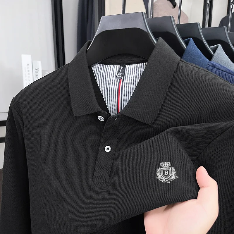 

100% pure cotton spring and autumn men's new T-shirt long sleeved polo shirt business casual solid color crown embroidery top
