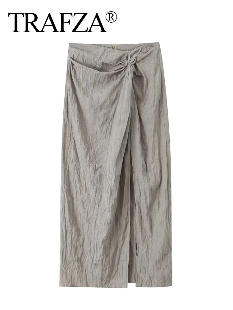 

TRAFZA Summer Women Elegant Long Skirts Solid High Waist Pleated Slit Decorate Back Zipper Bohemian Style Mid-Calf Skirt Mujer