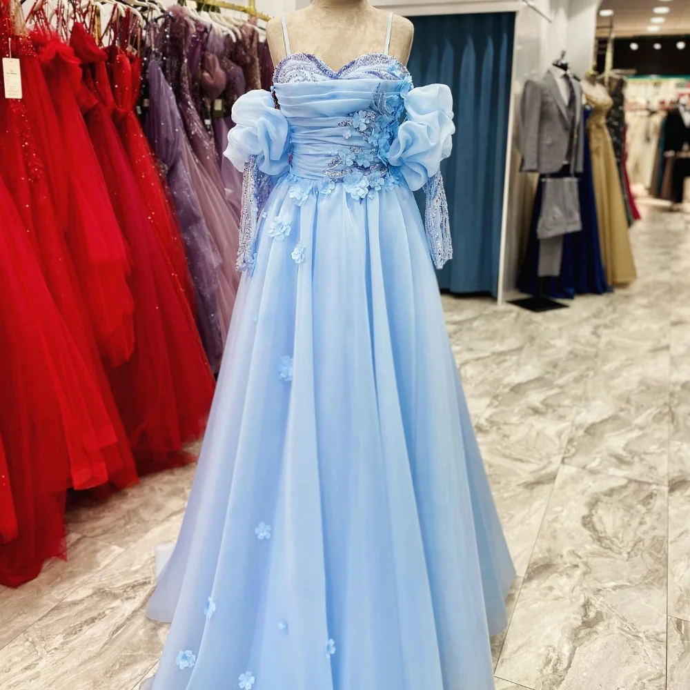 

High Quality Sparkle Exquisite Organza Applique Draped Pleat Beach A-line Off-the-shoulder Bespoke Occasion Gown Long Dresses