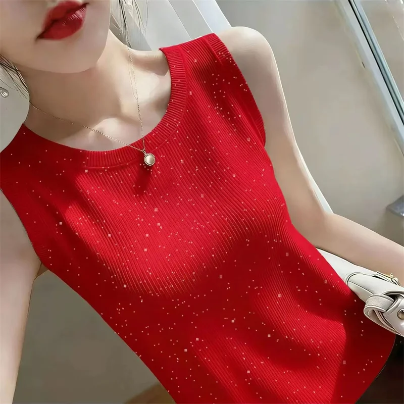 Korean Female Round Neck Starry Vest Retro Ladies Large Size 4xl Sleeveless Coat Summer Women Fashion Ice Silk Waistcoat Top