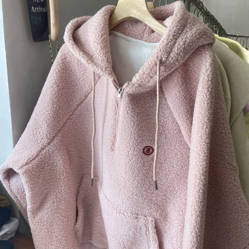 

Fall Winter Women's Lambswool Hooded Pullovers Female Raglan Sleeve Solid Color Sweatshirts Drawstring Fleece Thermal Hoodies