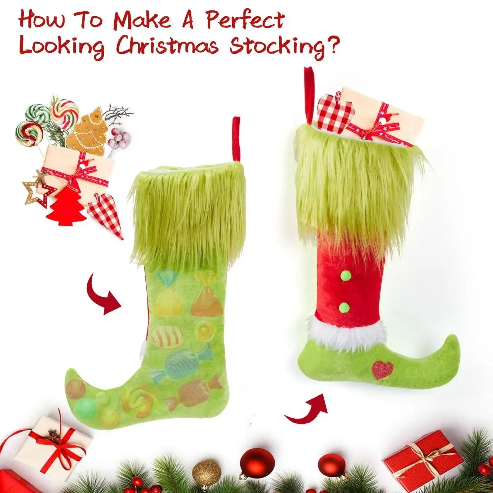 Green Christmas Hanging Stocking Pendant Large Capacity Thickened Green Christmas Socks Reusable Exquisite Elf Christmas Socks