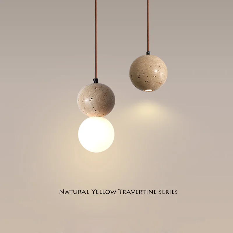 

Retro Natural Stone Art Pendant Light Yellow Travertine LED Chandelier White Glass Lampshade Bedroom Bedside Cream Light Fixture