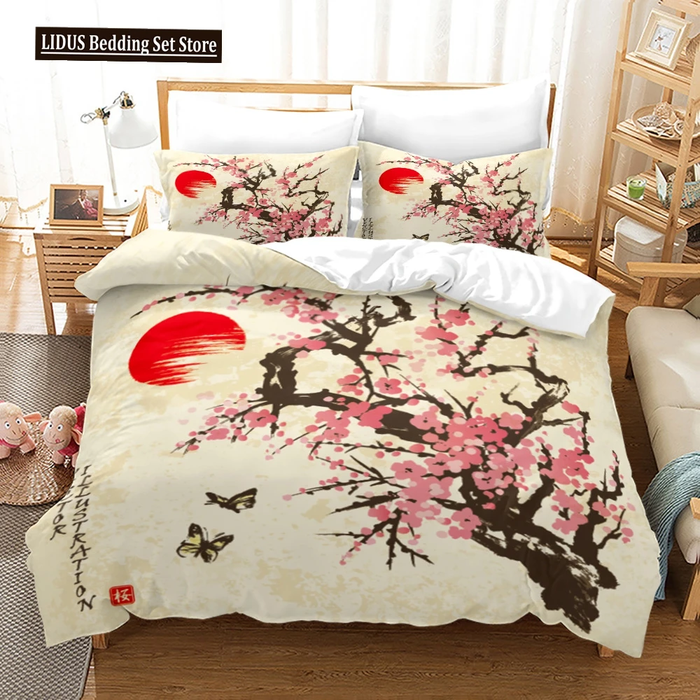 

Ink Painting Duvet Cover King Queen Size Tree Trunk Sun Plum Flower Winter Natural Scenery Polyester Bedspreads Cover For Kids