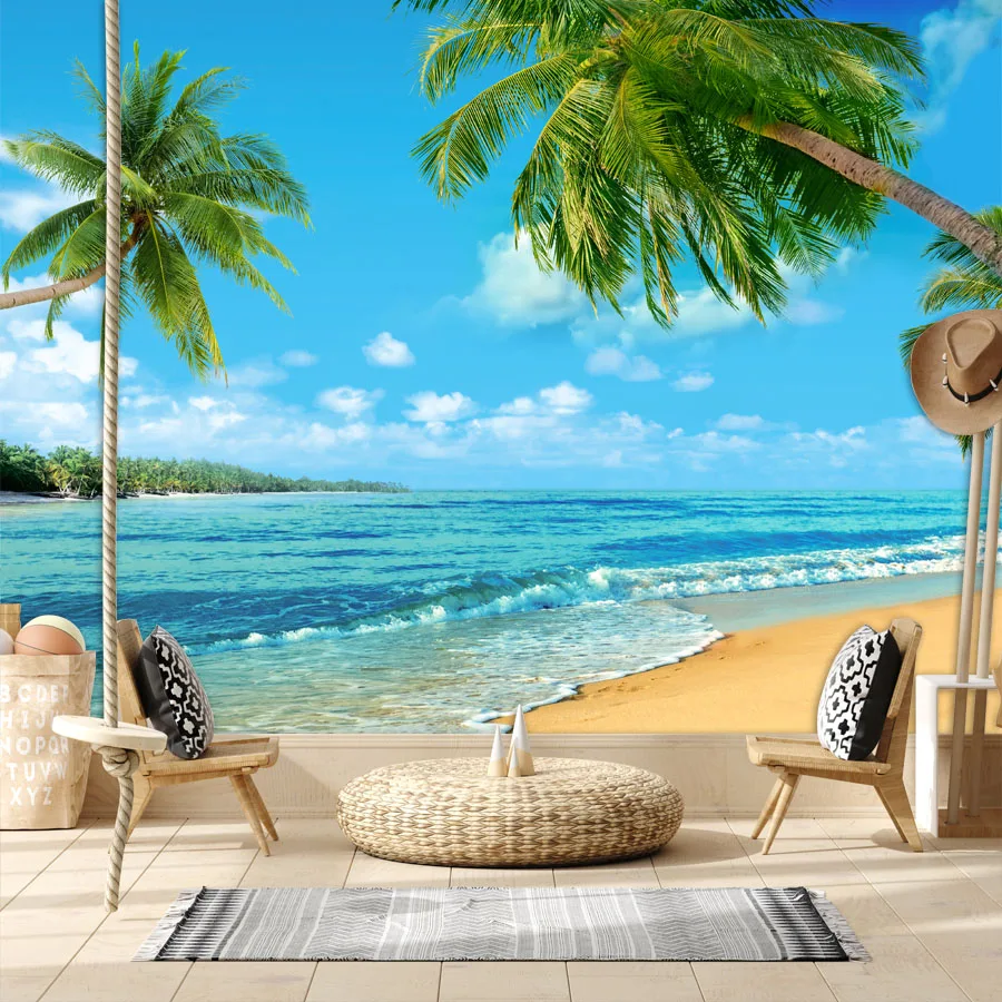 Modern Peel and Stick Optional Contact Wall Papers Home Decor Photo Mural Wallpapers for Living Room Coconut Palm Seascape Rolls