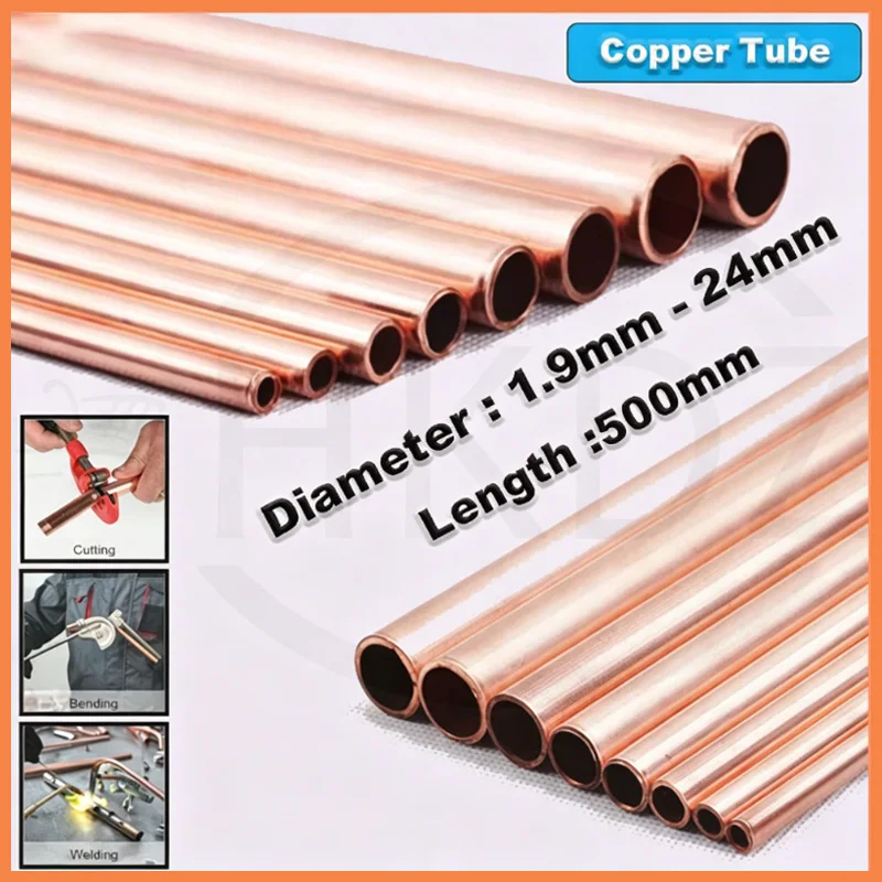 Copper Tube OD 9mm - 24mm Length 500mm Round Copper Hollow Pipe Straight Red Copper Precise Wall Thickness 0.2-3mm