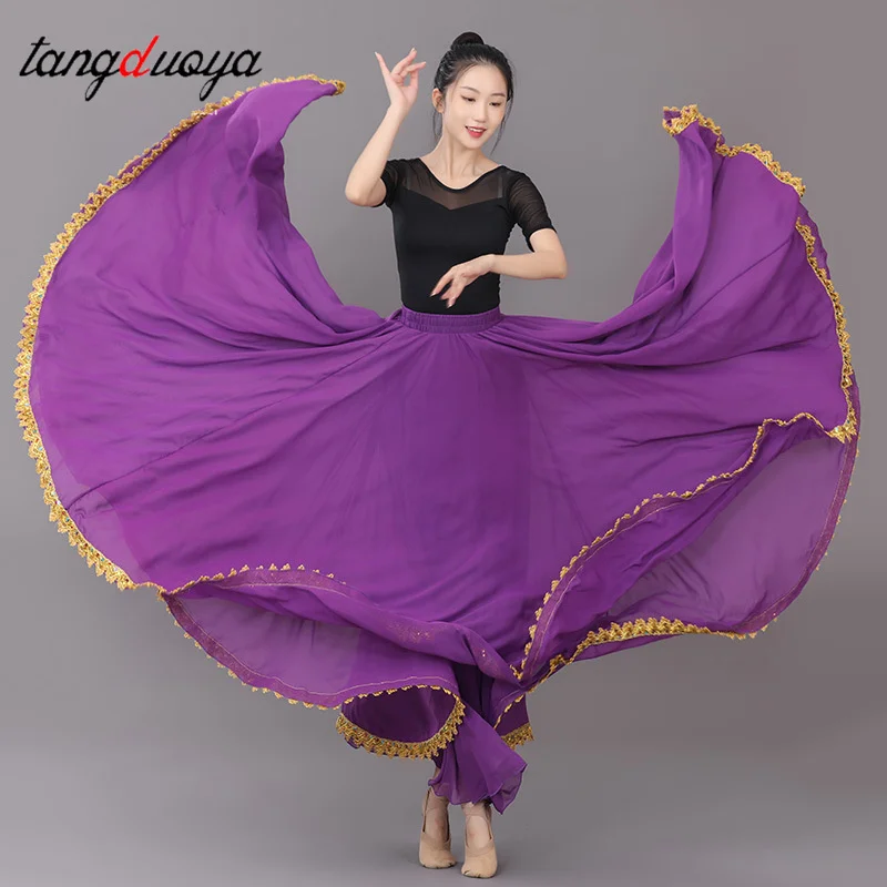 Women's 720 Degree Dance Skirt Sequined golden-edge ethnic dance dress Big Swing High Waist Long Skirt Dance Performance Costume