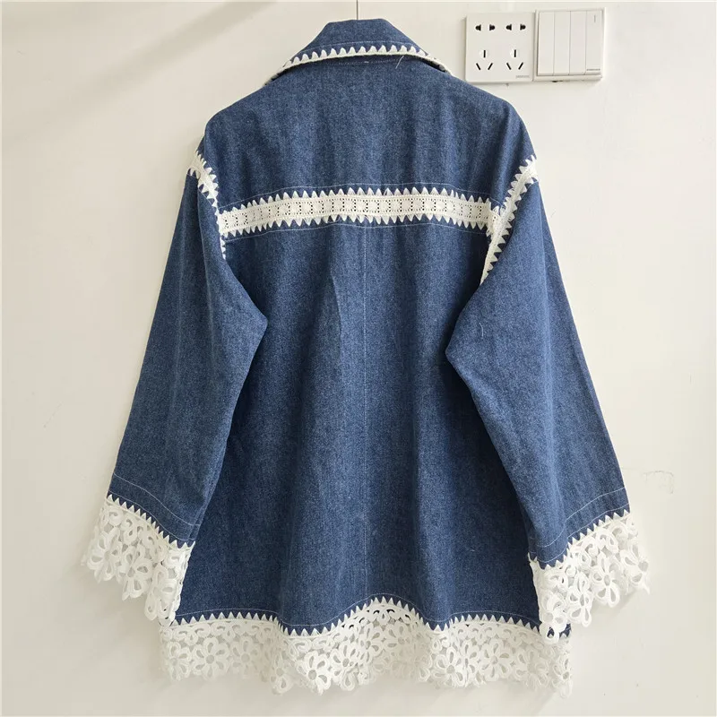 SuperAen French Style 2026 Autumn New Denim Polo Collar Lace Hollow Out Color-Contrast Women's Top Casual Jackets
