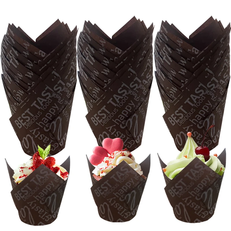 50Pcs/100Pcs Coffee-Themed Tulip Cake Paper Cups, Heat-Resistant and Oil-Proof Baking Paper Cups, Suitable for New Year, Valentine's Day, Weddings, Birthday Parties, Home Baking Supplies