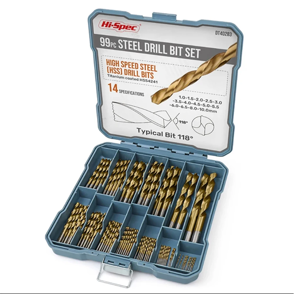 99pcs Complete HSS Mixed Drill Bit Set 1 to 10mm Titanium Coated High Speed Steel Drill Bits for Metal Wood & Plastic