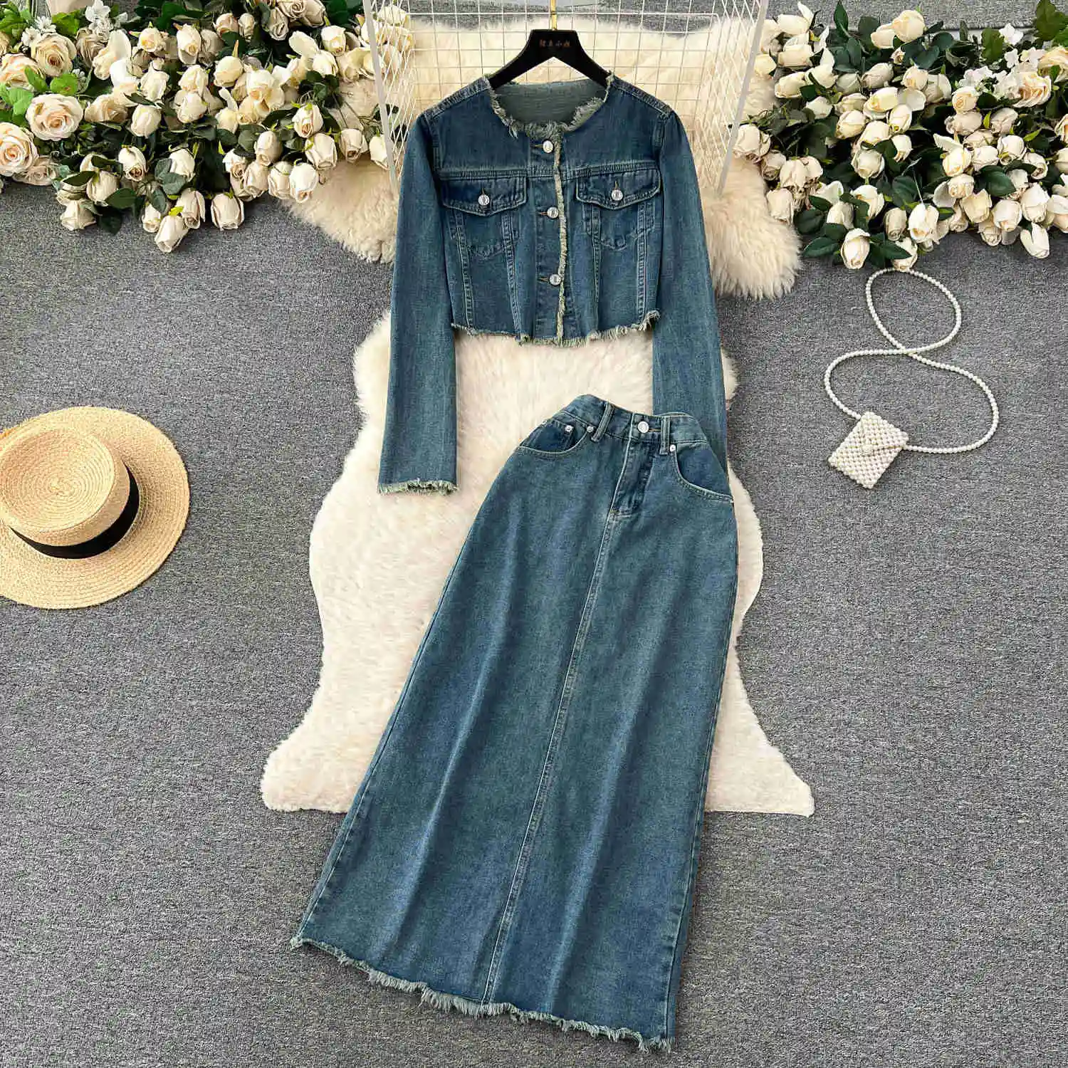 Fashion Women Vintage Denim 2 Pieces Set Tassels O Neck Long Sleeve Buttons Jeans Jacket And High Waist A Line Long Skirt Suits