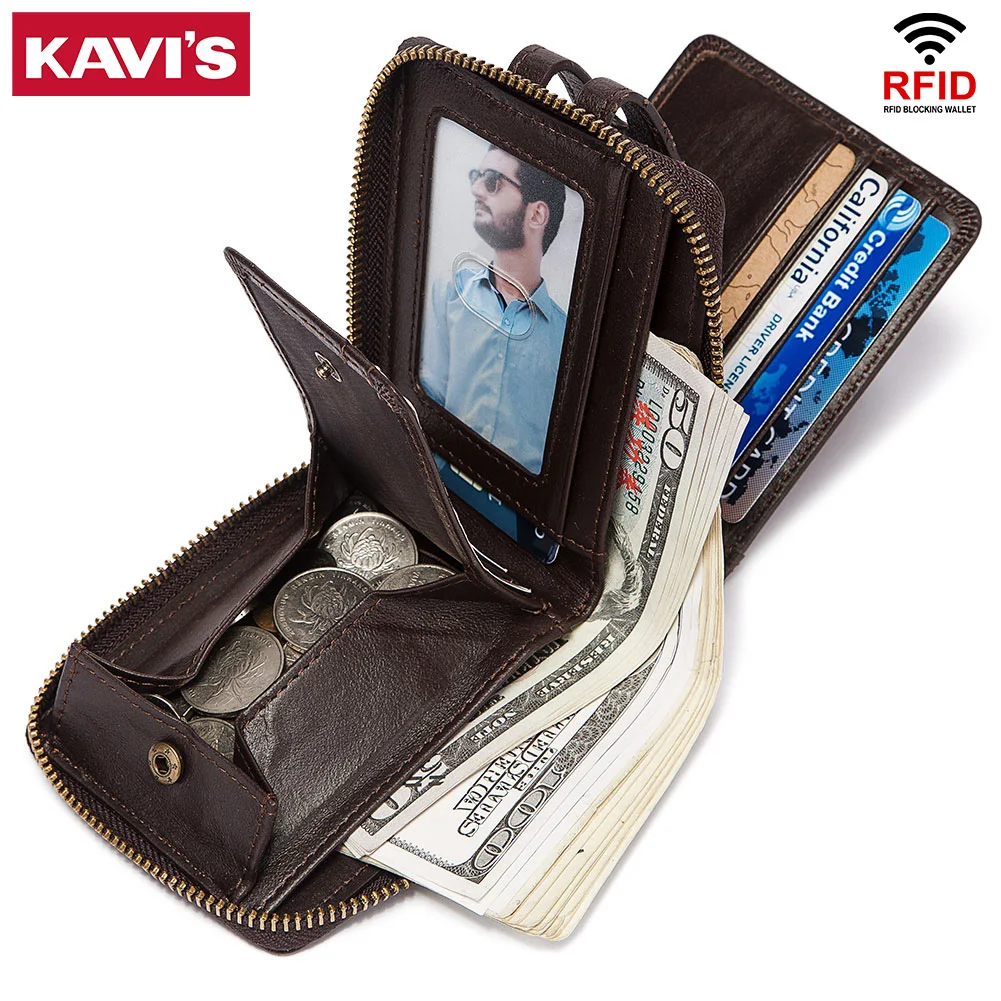 Real Leather Classic Style Wallet Genuine Leather Zipper Coin Purse Multi-function RFID Card Holder Money Bag Male Clutch