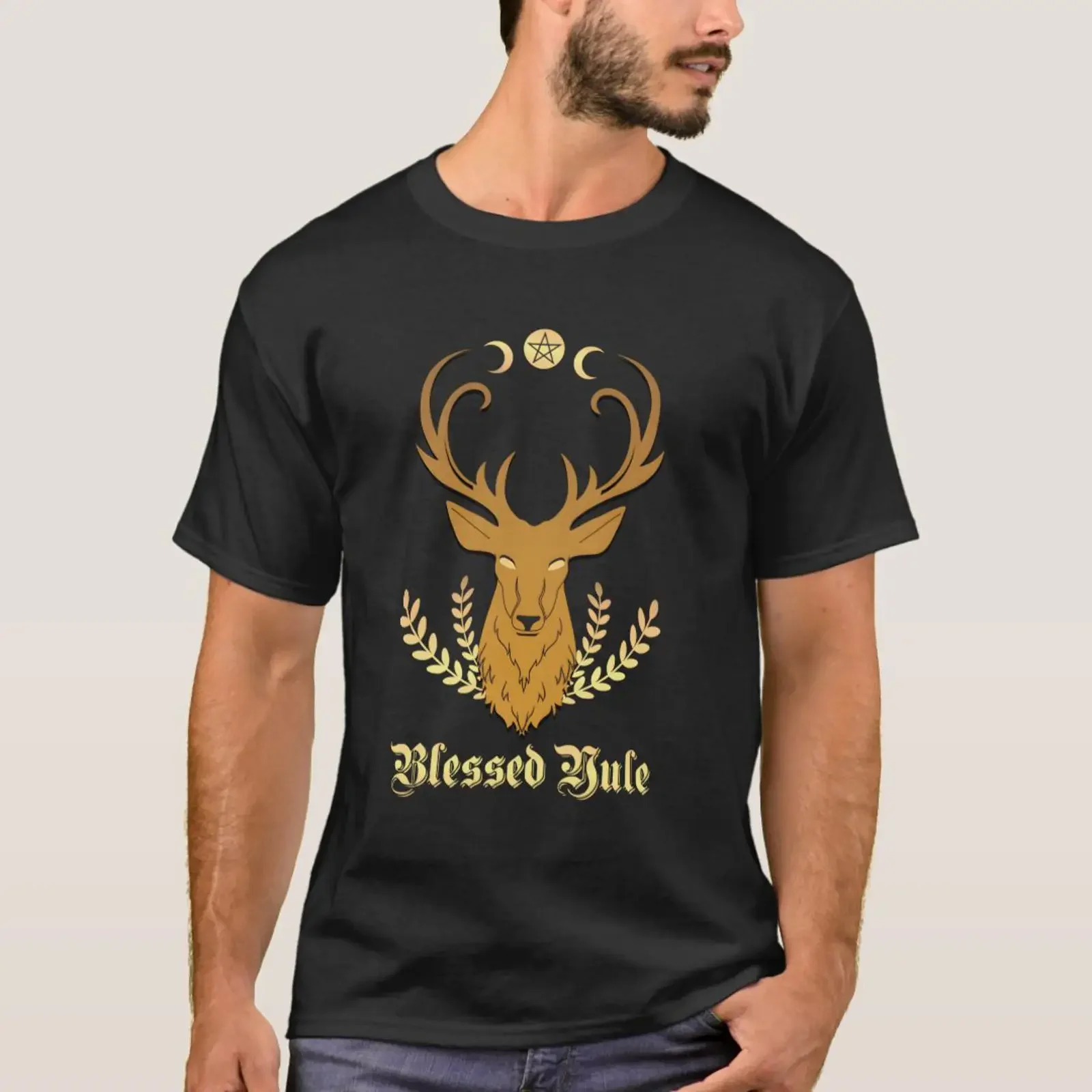 Blessed Yule Stag Triple Moon Pentacle Pentagram T Shirt vintage Washed Versatile Casual Comfortable Soft Slightly streetwear
