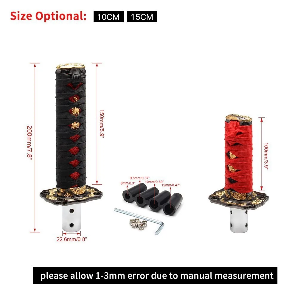 100/150/200mm JDM Katana Gałka zmiany biegów Miecz samurajski Gałka zmiany biegów z 4 adapterami Uniwersalna pasuje do większości samochodów ręcznych i automatycznych — zdjęcie 3