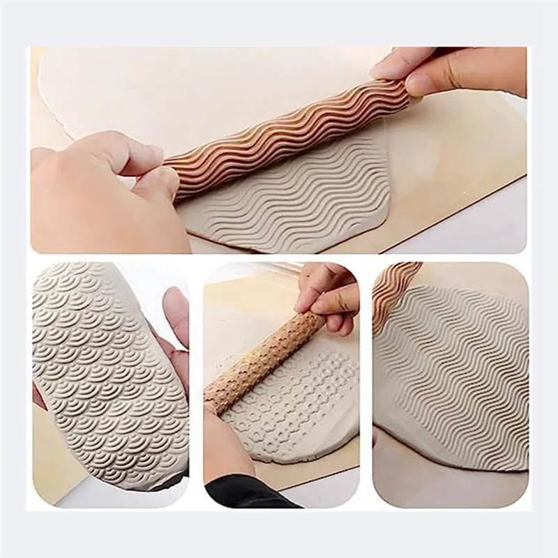 

HGHO 6 Piece Clay Rolling Pin Textured Hand Roller Wooden Handle Pottery Tools Set Durable Easy To Use