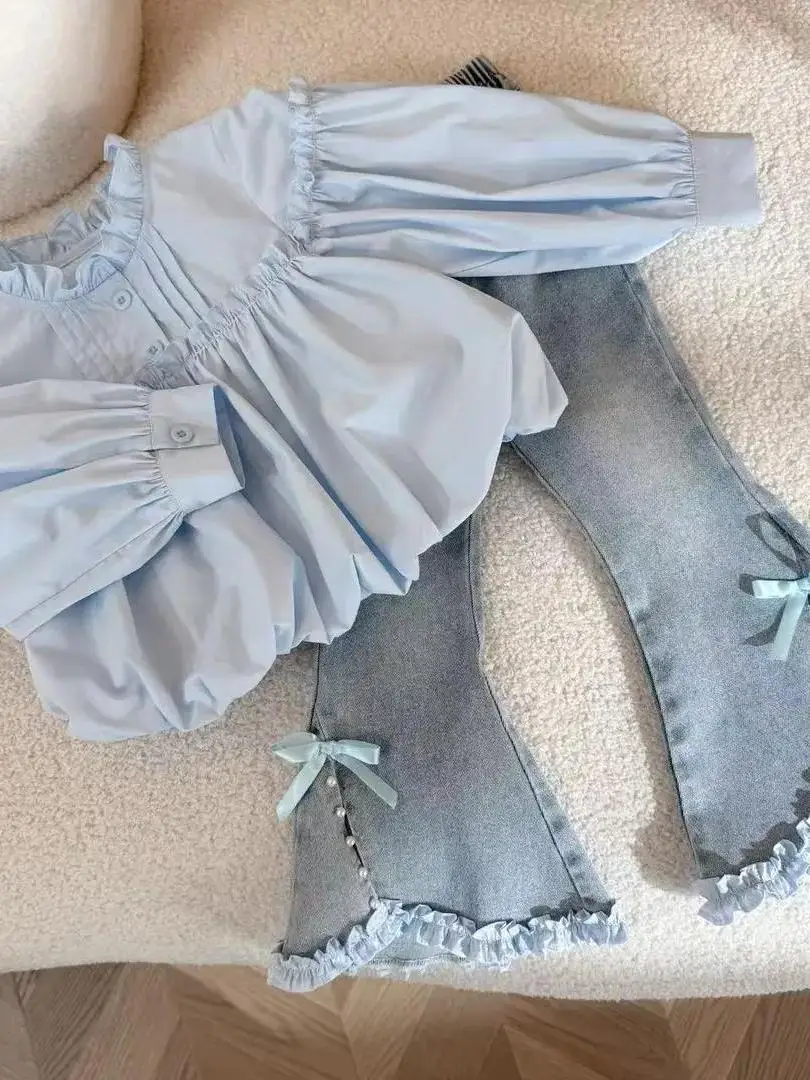 

Spring New Arrival Girls' irt And Jeans Set Faionable Princ Sle Two-Piece Suit Cotton Long Sve Knot