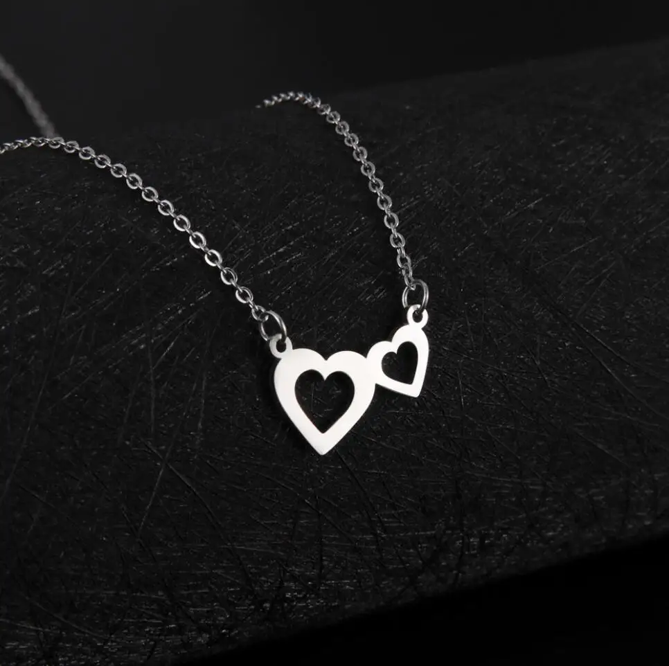 

1PC Stainless Steel Double Heart Necklace For Women Girls Clavicle Chain Zircon Pendant Choker Mother's Day Birthday Gift F1418