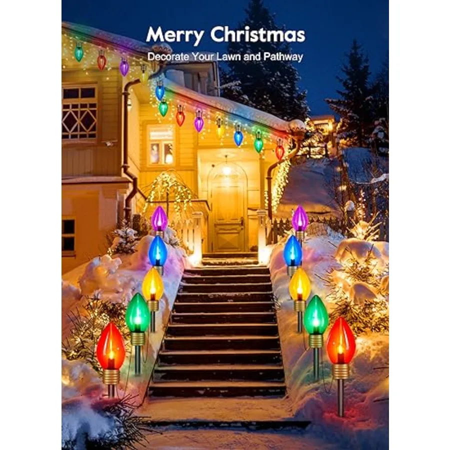 Jumbo C9 Christmas Pathway Lights Outdoor Decorations Lawn with Stakes, Tota 17Feet 10 LED String Lights Covered Jumbo ed Walkw