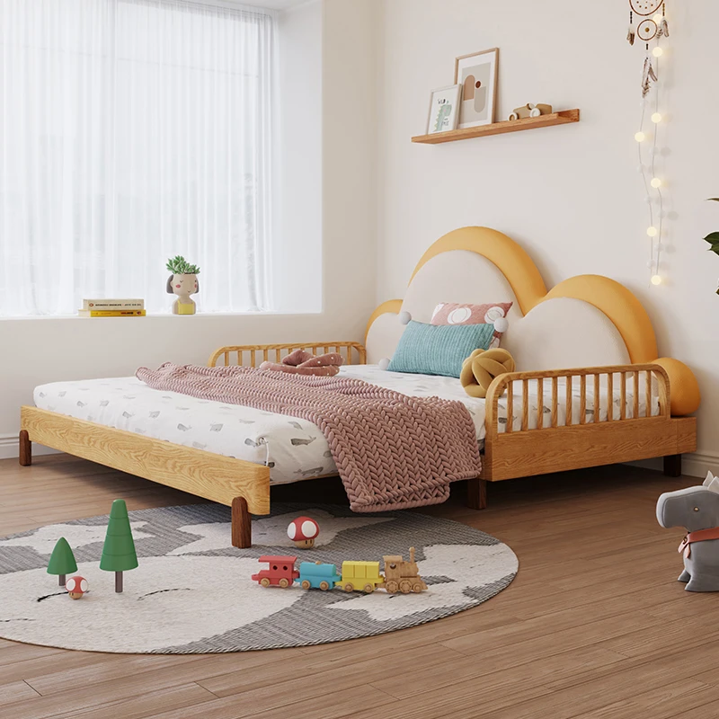 Boy cloud bed solid wood with guardrail splicing telescopic push-pull widened bed girl bed broaching bed