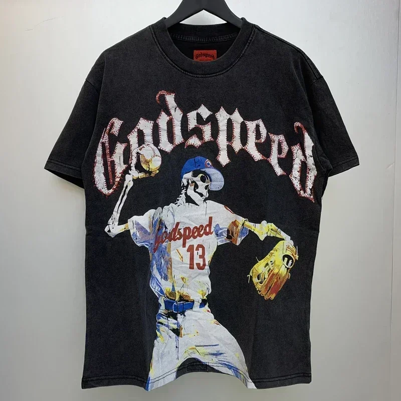 Cross-border New Top Play Baseball Skull Print Summer Minimalist Casual Style Original High Quality Loose GOD SPEED Top