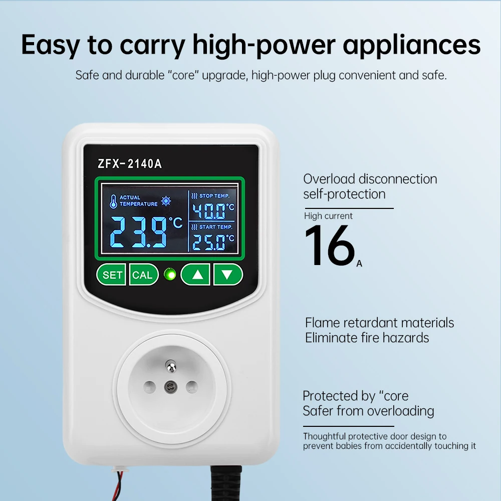 ZFX-2140A High-power LCD Digital Display Temperature Controller Socket EU Plug Thermostat NTC Sensor Probe -45~300 ℃