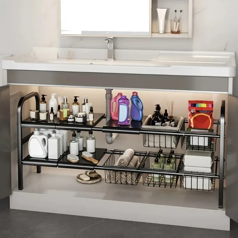 Under-Sink Multi-Use Storage Rack Adjustable Cabinet Shelf Organizer for Bathroom or Kitchen Expandable Space Saver