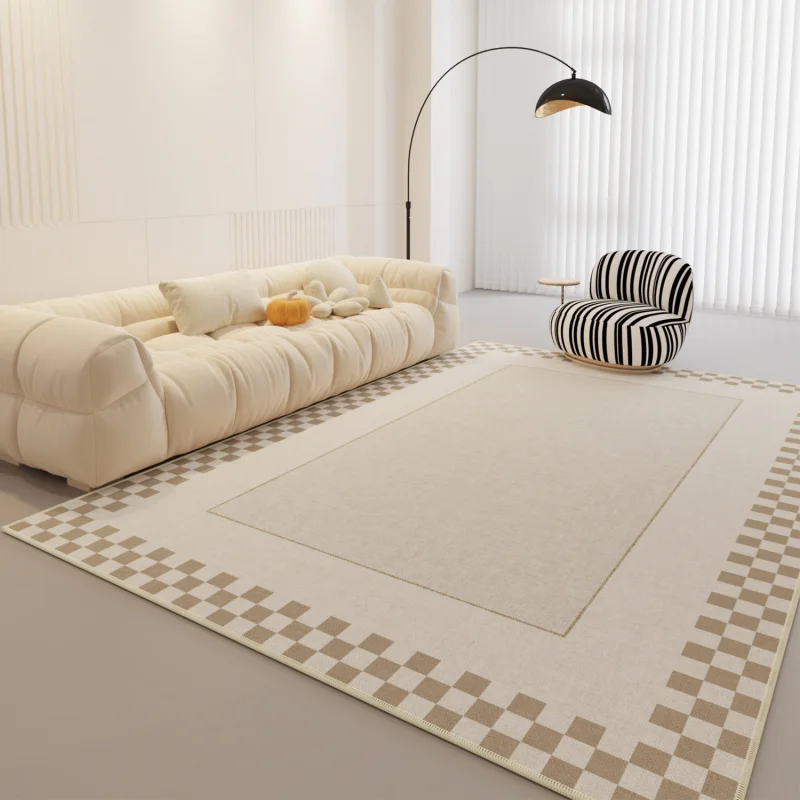 VIKAMA Cream Style Checkered Frame Rectangular Rug Anti Wear Easy Clean Modern Bedroom Study Decorative Area Rug Home Decor