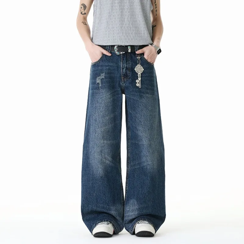 

American Style Distressed Wide Legmen's Jeans Wash Loose Fitting Denim Long Pants Vintage Blue New Chic Trousers