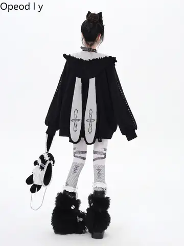Striped Rabbit Ears Original Sweet Cool Hooded Loose Coat Hoodie Autumn Winter New Japanese Subculture Long-sleeved Loose Top