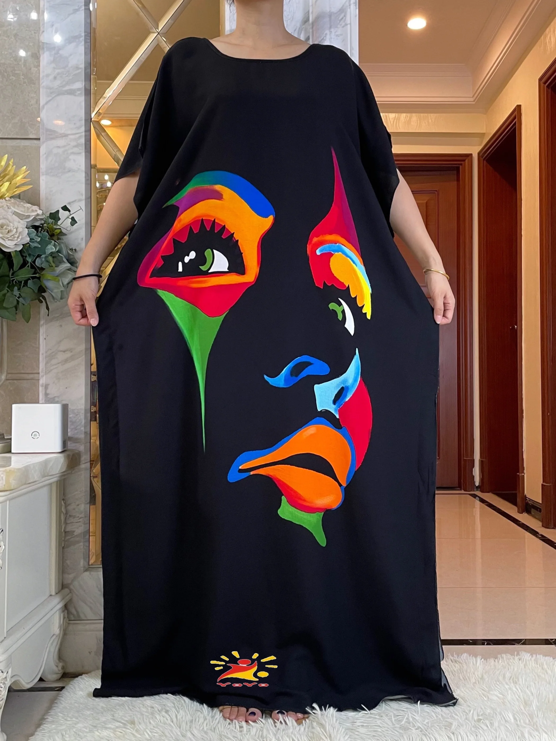 New Summer African Short Sleeve Cotton Dresses With Big Scarf Loose Printing Floral Boubou Maxi Islam Women  Abaya Clothes