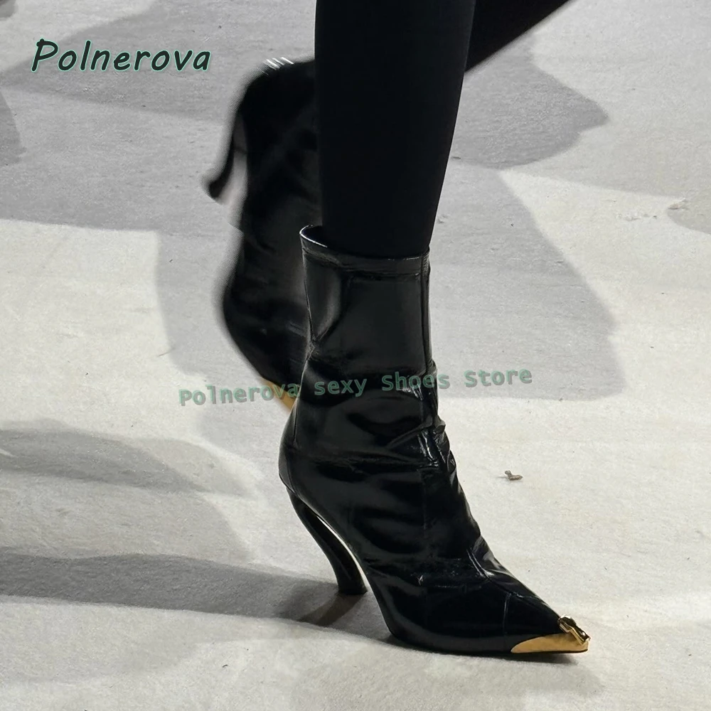 Metal Shaped Heel Fashion Boots Pointed Toe Side Zip Patent Leather Fashion Women Mid-Calf Boots 2026 Runway Show Shoes Trend