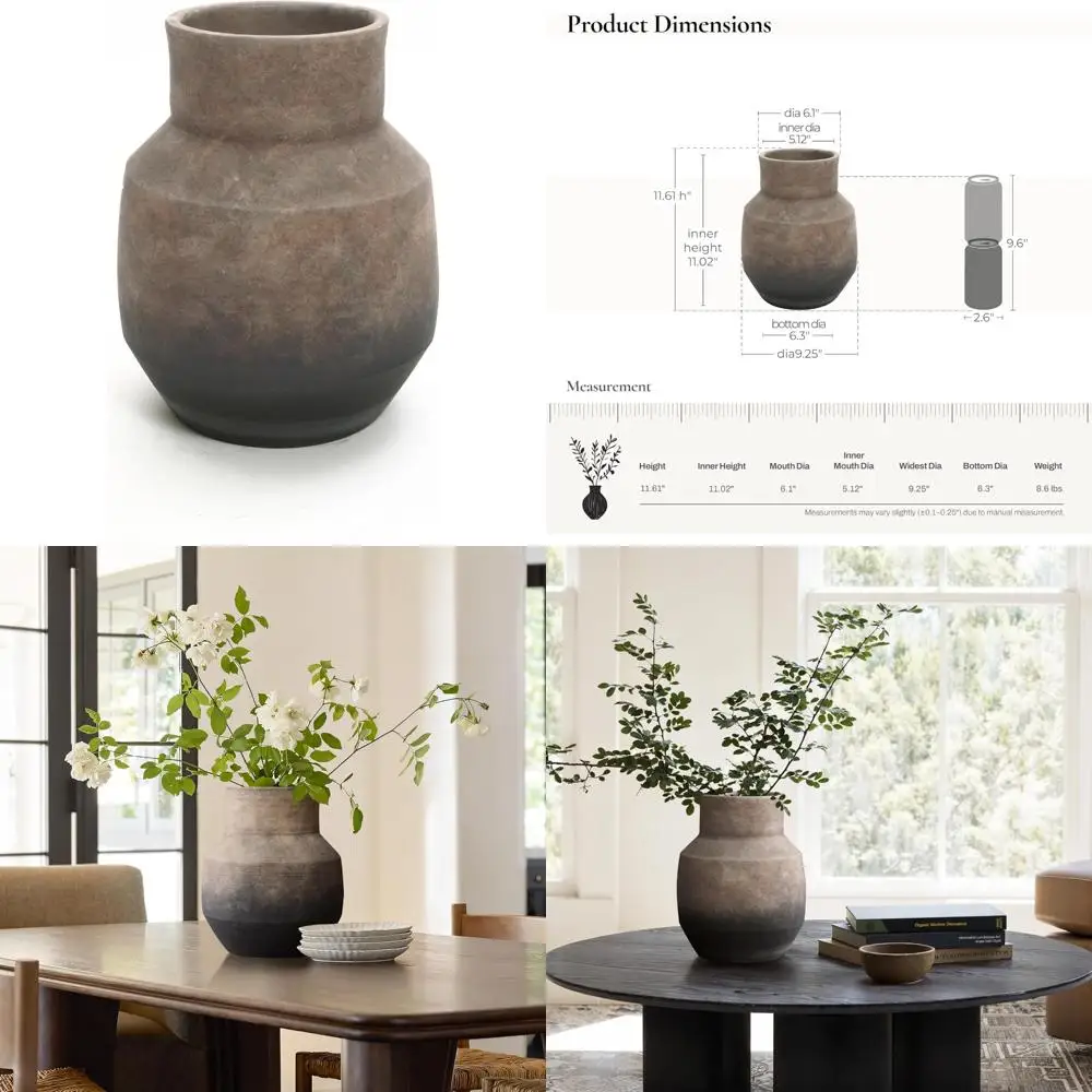 

Rustic Ceramic Flower Vase for Farmhouse Vintage Style, Brown Ombre Terracotta, 11 Inch Round, Shelf and Room Decorative Accent