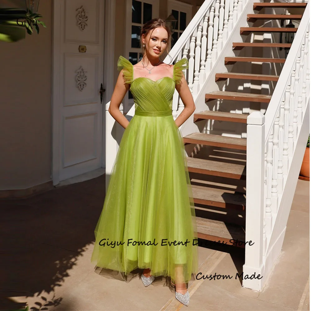 

Giyu Bright Green Tulle Evening Party Dresses Cap Sleeves Sweetheart Ankle Length Prom Gowns Formal Party Dress Arabic Women