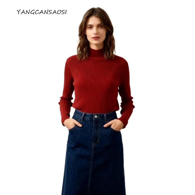 

2025 Women's Autumn Versatile 85% Natural Mulberry Silk 15% Cashmere Half High Collar Long Sleeve Temperament Commuter Sweater