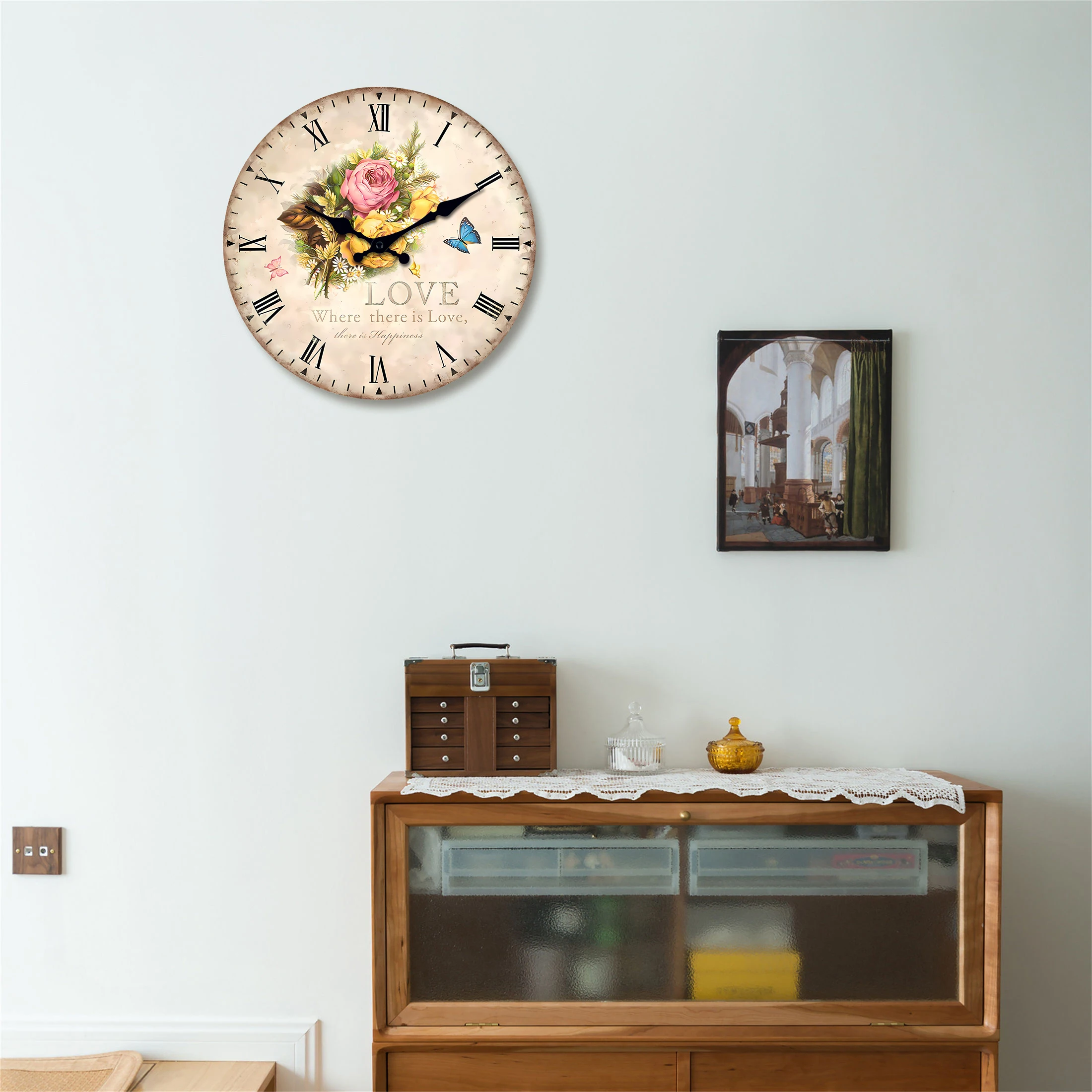 European-Style Floral Blue Butterfly Pattern Wooden Wall Clock for Living Room, Bedroom, Kitchen, Home Decoration, Silent Quartz Clock, Holiday Gift, 10 Inches, 12 Inches (No Battery)
