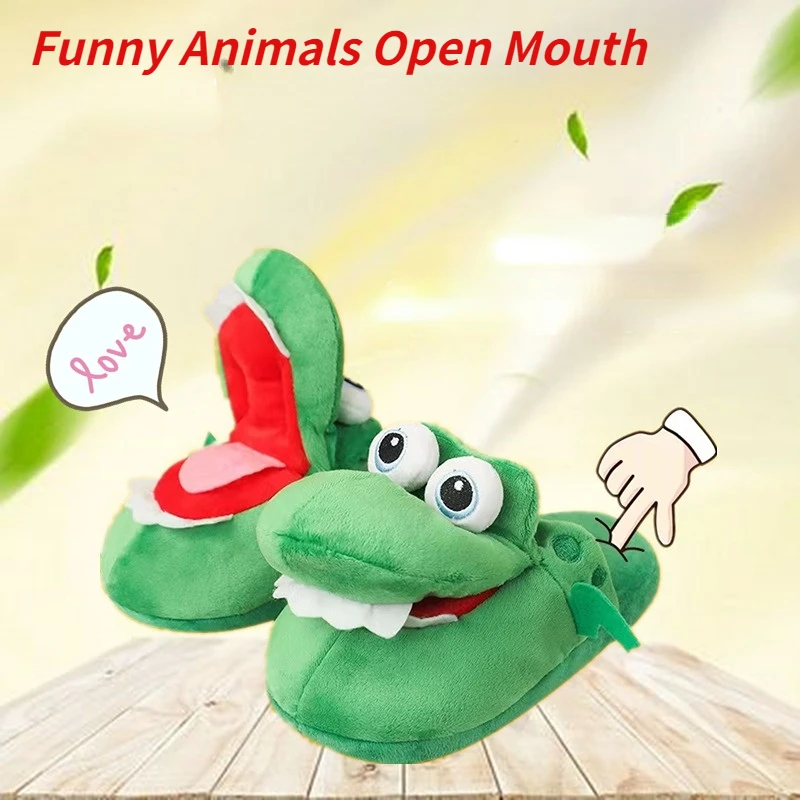 Funny Mr Crocodile New Winter Warm High Quaily Plush Women Cute Home Funny Animals Open Mouth Slippers House Floor Cotton Shoes