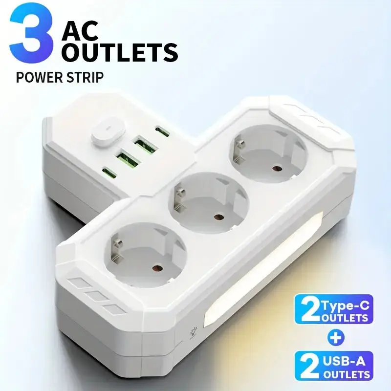 

EU Plug Power Strip with AC Outlets and USB Type-C Charging Ports Multiple Wall Socket Adapter for Home Office enchufe múltiple