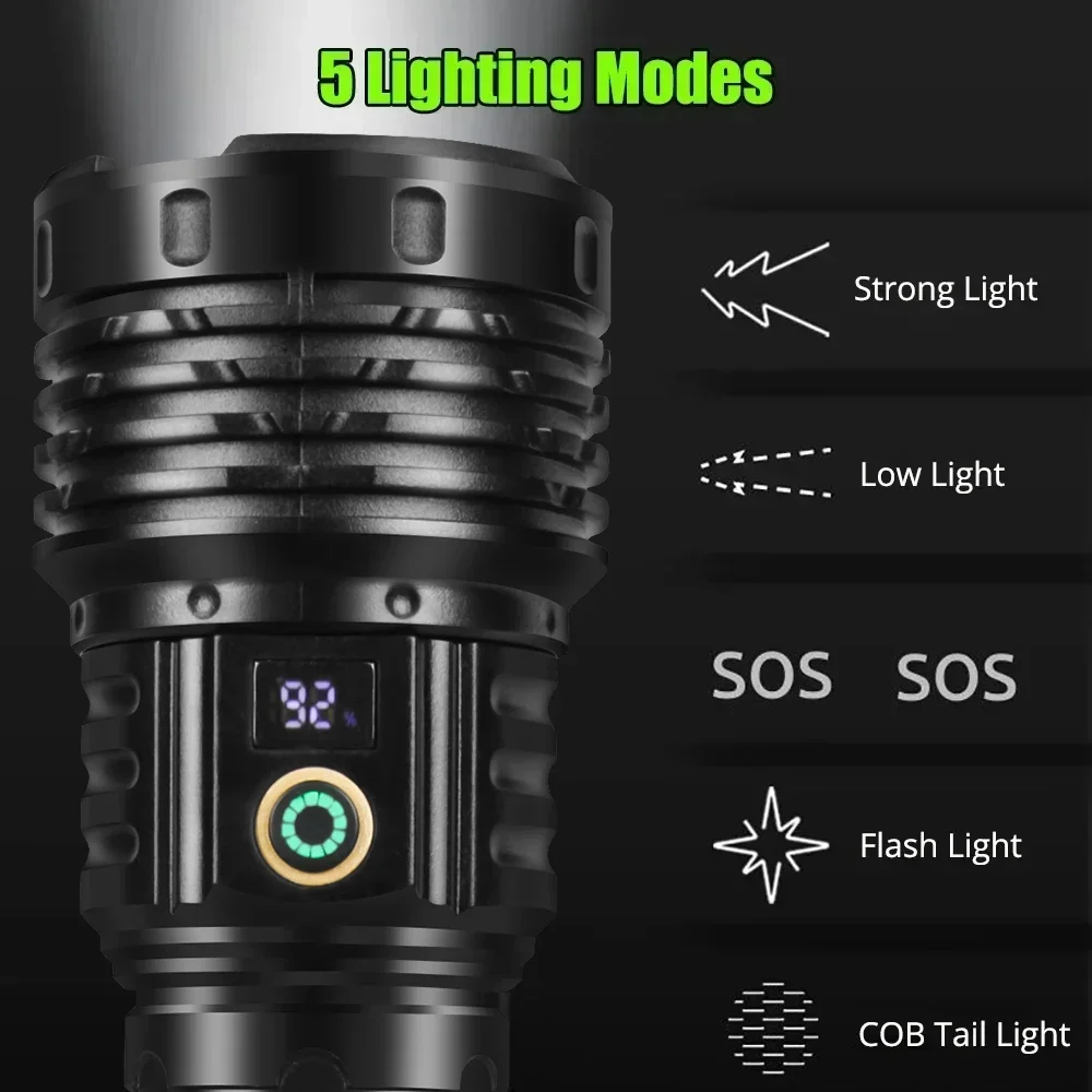 ไฟฉาย LED กําลังสูง 3000000 LM ไฟฉายแบบชาร์จไฟได้ 1500W Telescopic Zoom โคมไฟทรงพลัง ไฟฉายทรงพลังพิเศษ