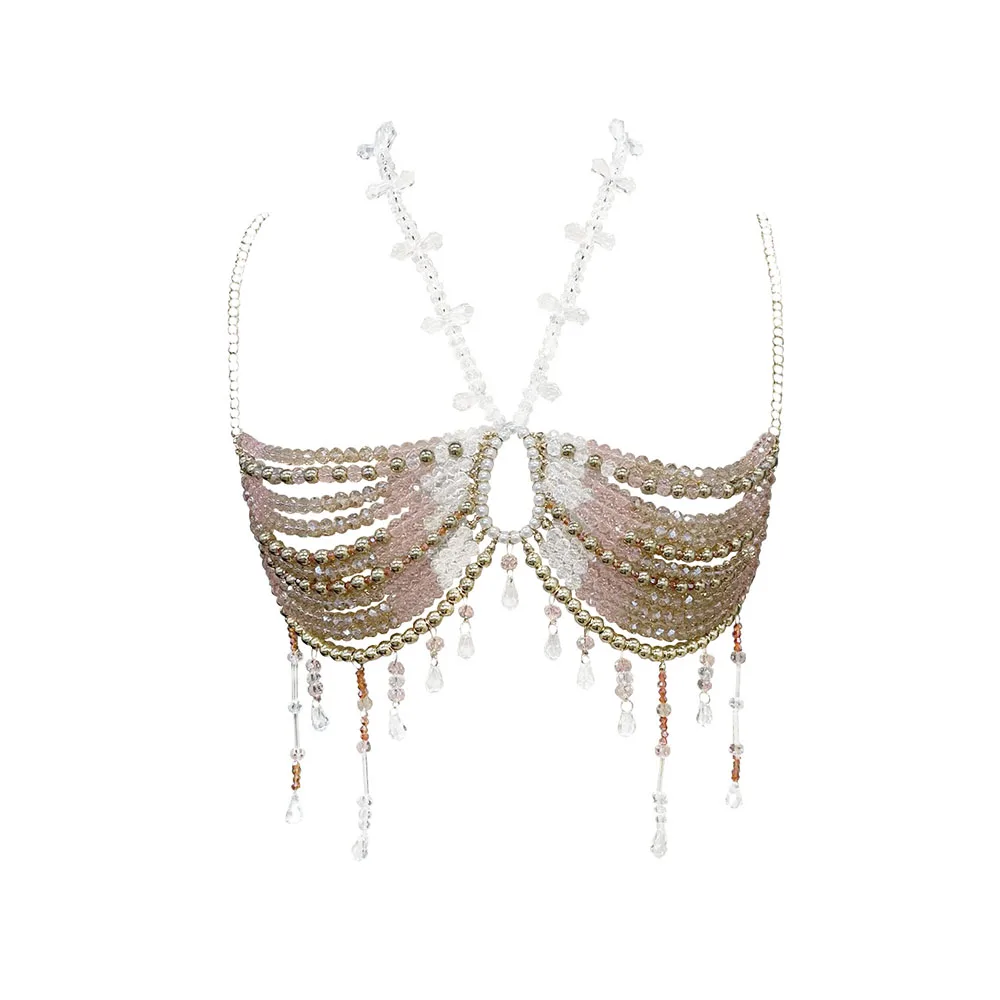 YOUR BUMP CURVE Crystal Hollow See-through Backless Tassel Handmade Top Pool Beach Pearl Bra