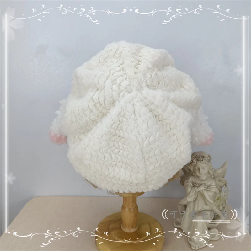 Lamb Ears Beret Cloud Hat Plush Sheep Ear Hat Lolita Lambswool Milk White Cute Lolita