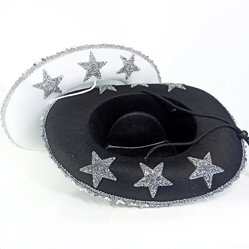 Pentagram Cowboy Hat Star Sequin Birthday Party Hats Cowgirl Hats Women Performance Hat For Adults Party Hats Cosplay