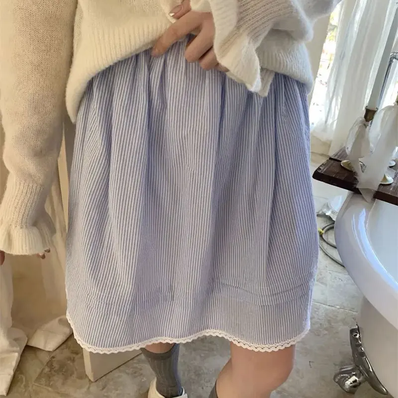 Korean Blue Striped Fresh Folds Knee Skirts Women's Clothing High Waist Spring Summer New Stylish Lace Patchwork A-Line Skirts
