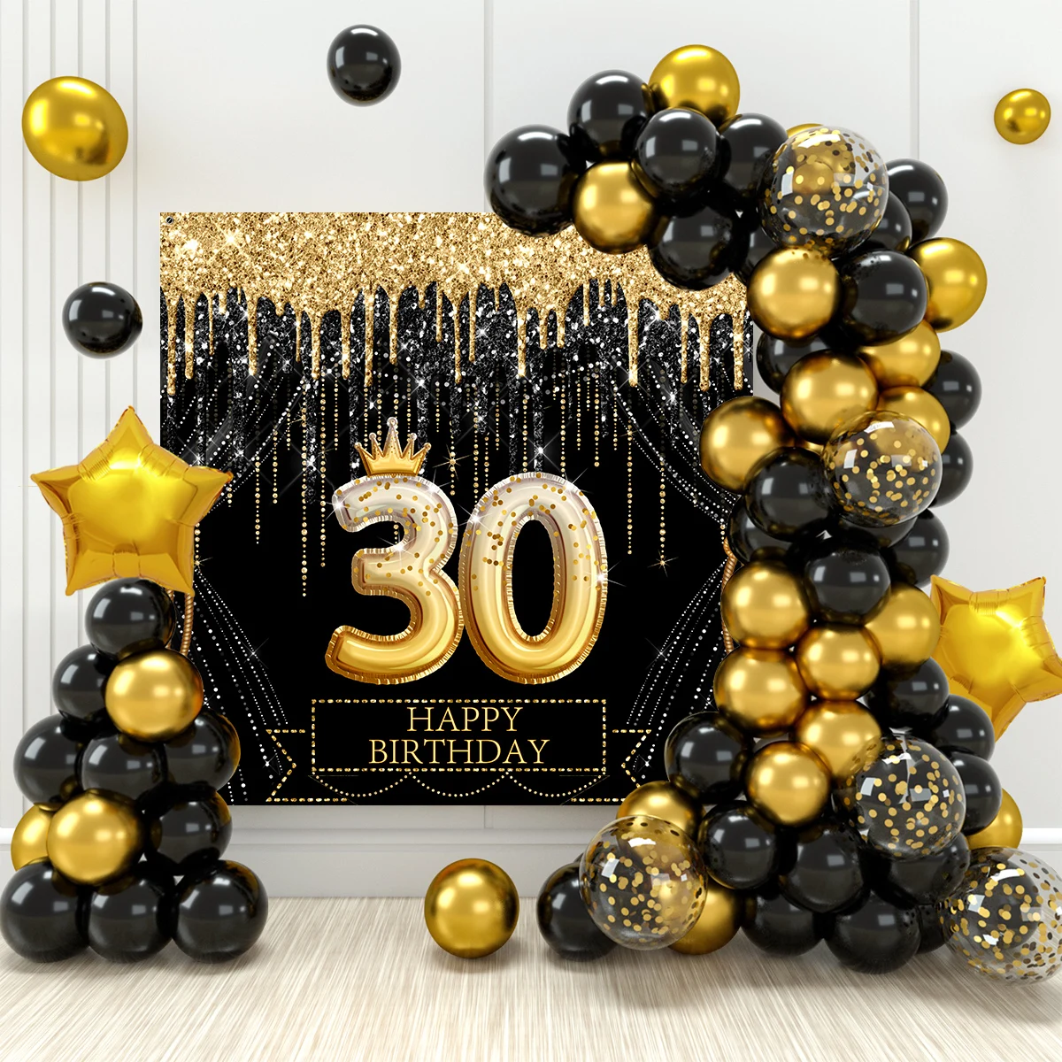 Black Gold Birthday Balloon Background Set 30th Happy Birthday Party Decoration Kids Adulit Anniversary Birthday Party Supplies