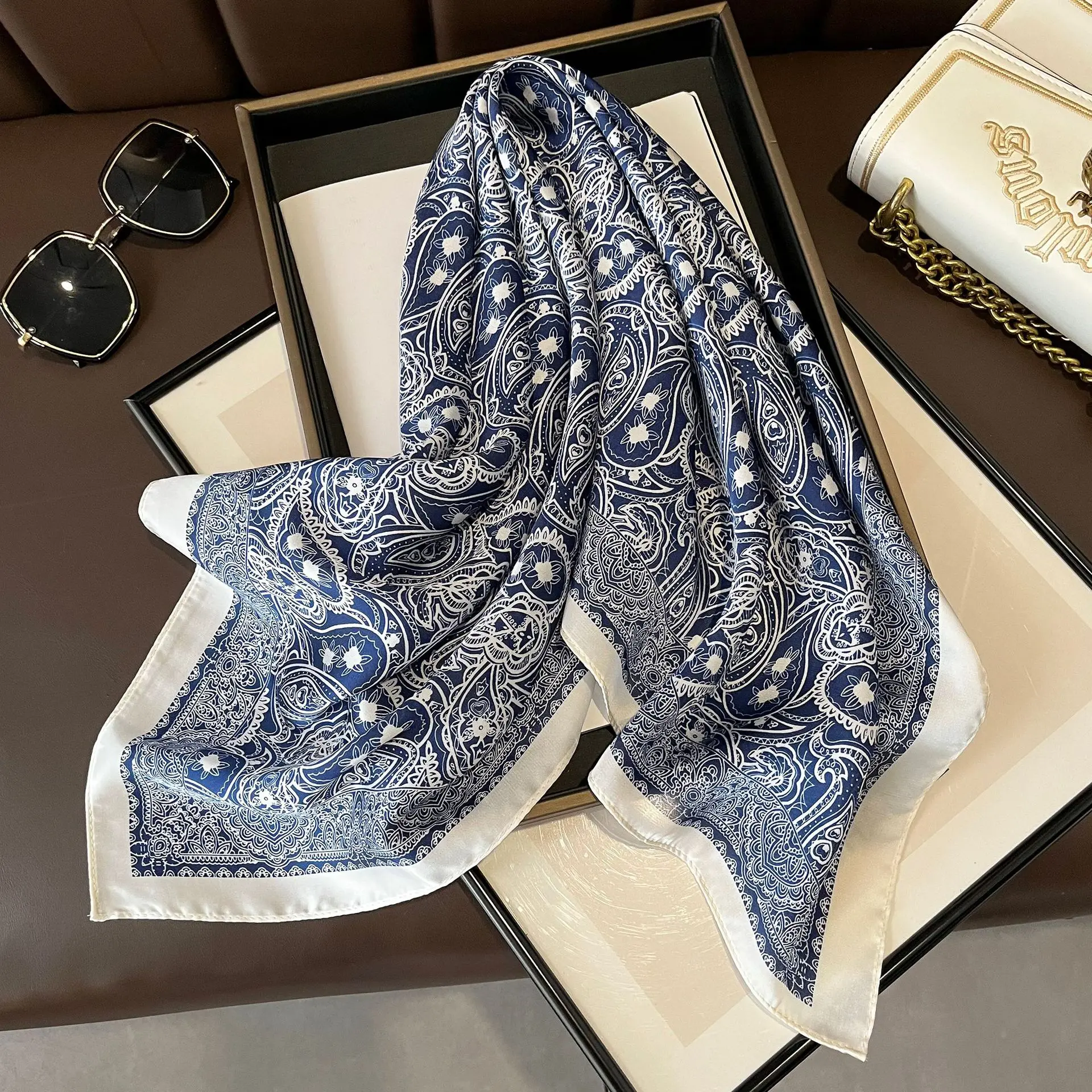 Luxury Satin Imitation Silk Print Scarf Square Women Neck Scarves Wrap Headkerchief Beach Hair Band Women's Bandana
