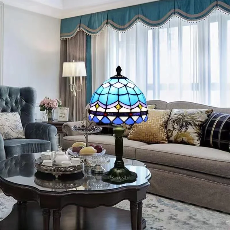 LED Tiffany Style Table Lamp  Retro Mediterranean Decorative Lights  E27 Color Glass LampshadeFor Nightstand Light Bedroom Cafe