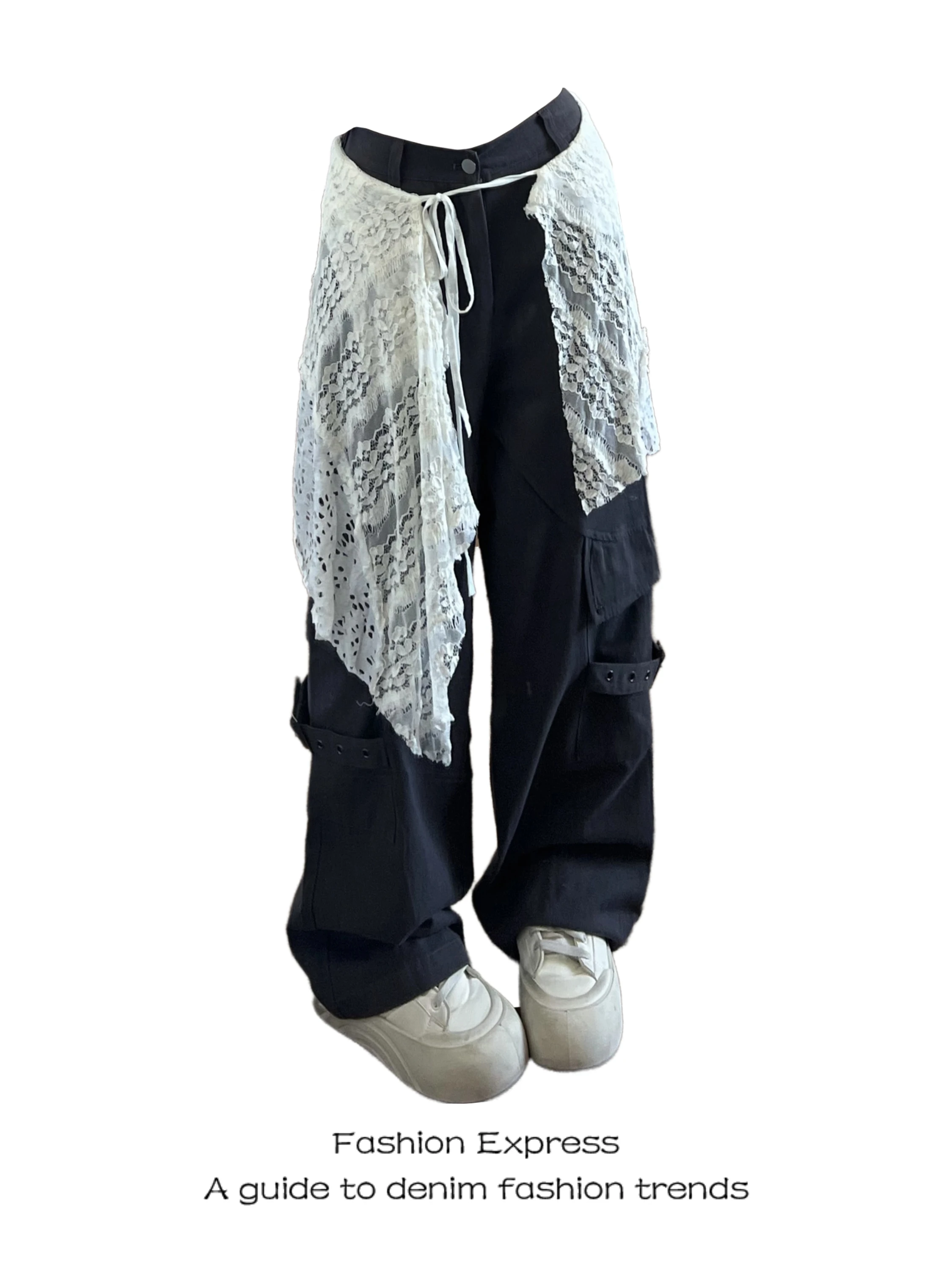 

American Sle Lace Hem Pants Women's Autumn Winter New Large ket Design Loose Match All Long Pants Trendy Straight Leg Hi...