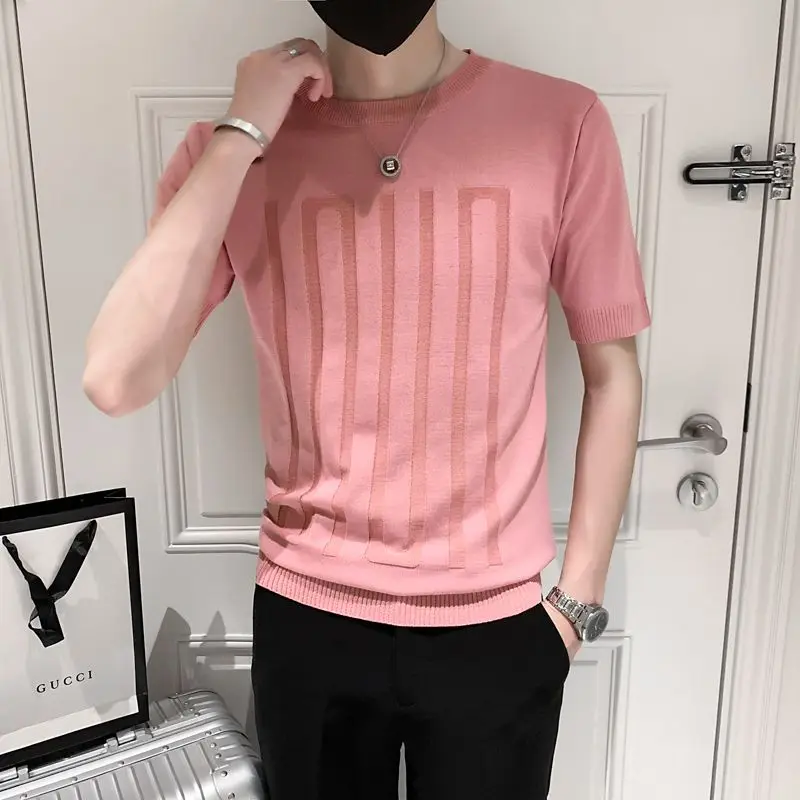 

Luxury Brand Knitted T-shirts O-neck Men Slim Fit Knit Sweater Summer Short Sleeve Tops Thin Tees Business Casual Men's Clothing