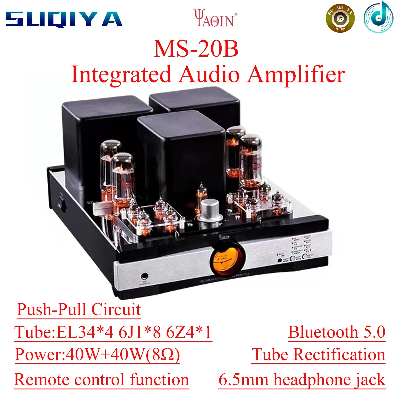 

SUQIYA-YAQIN MS-20B Bluetooth Tube Amplifier HD CSR8675 HiFi Vacuum Tube Combined Push-pull Home Audio Amp EL34 Tube Amplifier