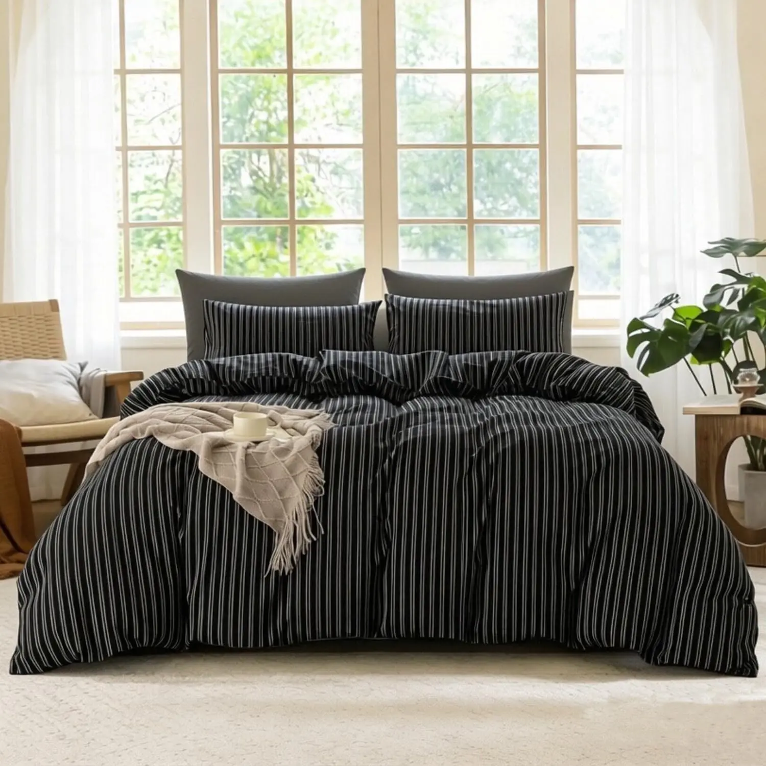 

Striped Duvet Cover Set Queen Size 3 Piece 100% Washed Cotton Linen Feel Bedding Comfy Breathable Modern Farmhouse