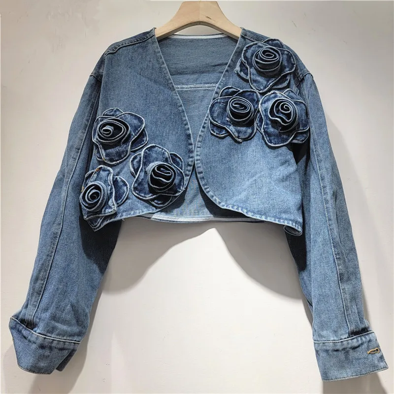 

Spring Fashion Flowers Decoration Blue Short Cowboy Outerwear Women Cardigan Jacket V-Neck Long Sleeve Jeans Jacket Streetwear